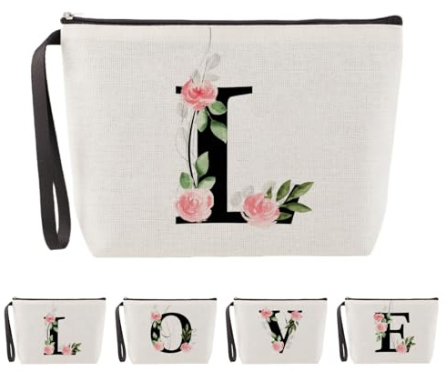 Blisswave Trousse de Toilette A-Z, Cadeaux Personnalisés pour Femmes, Fille, Maman et Amies, Noël, Anniversaires, Petite Trousse Maquillage Rose Élégante et Mignonne, Ornée de Vos Initiales (Beige)