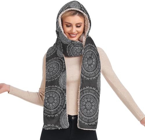 Kapuzenschal, Mütze, Schal, Handschuhe für Damen, Kapuzenschal, Mütze, Mandalas auf Schwarz, Einheitsgröße