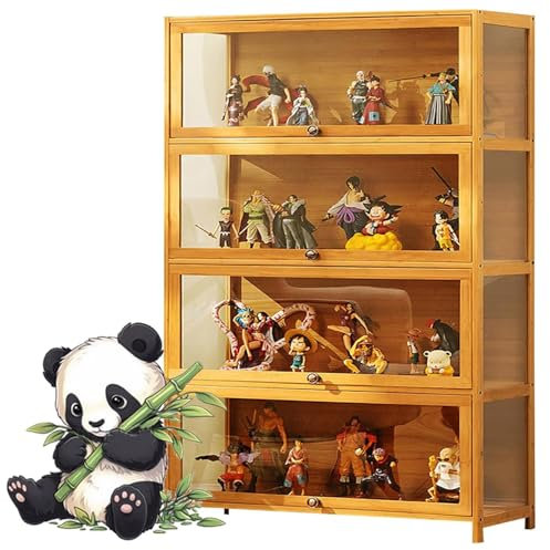 uofgcru Bambou Bücherregal Vitrinenschrank,glasvitrine stehend, Sammlervitrine,Hängevitrine,Wandregal Glasvitrine,Wandvitrine,Hängeregal,Schaukasten-140x80x33cm(4 Tier) Brown