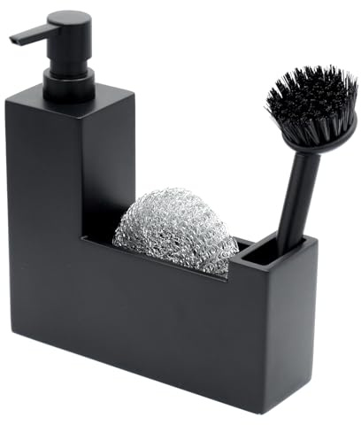 Jarvita Küchen Organizer Spüle – matt-schwarzem Kunststein Waschbecken Organizer mit Seifenspender, Bürste & Metallschwamm – Modern & stilvoll