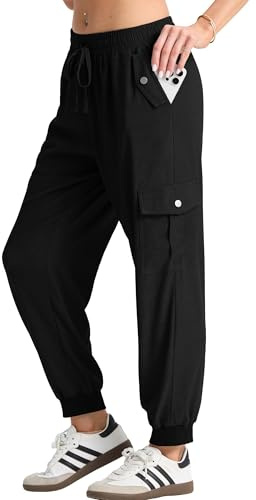GRECERELLE Ladies Cargo Trousers Womens Summer Hiking Joggers Pants for Women UK with Elastic Waist Cuffed Ankles for Travel Outdoor Streetwear (Black, S)
