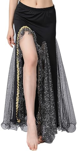 Frauen Bauchtanz Rock Glänzende Tanzkleider Langer Rock mit Schlitz Sexy Bauchtanz Kostüme Schöner Tüllrock Mädchen Tanzkleidung