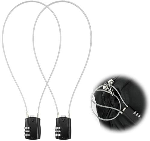 Lot de 2 cadenas avec code en acier à 3 chiffres avec câble en acier de 50 cm pour casier de gym, casque, armoire de classement, boîte à outils, sac à dos, câble de 3 mm de diamètre, noir