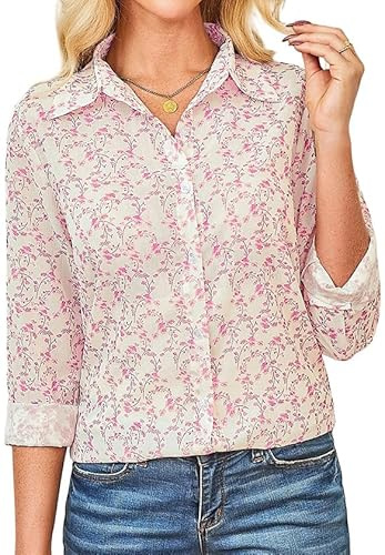 IBAOTORONI Wrinkle-Resistant Women's Floral Button Down Shirt 2025 Long Sleeve Blouse Casual Tops Pink