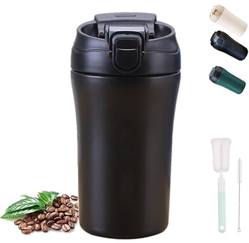 XIXIAMI Travel Mug 400ml Insulated for Coffee Cup Hot & Cold Drinks Car Thermal Mug with Straws & Cleaning Brush Leakproof Thermal Stainless Steel Tumbler Best Birthday Gift -Black