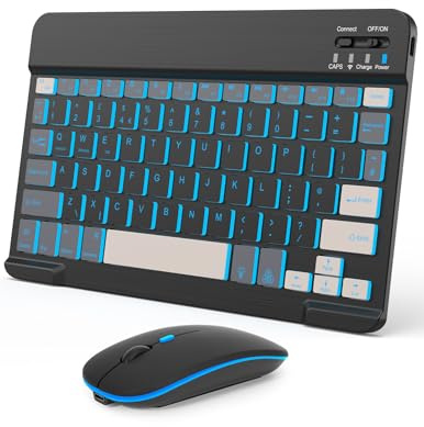 Nsyee Tastiera e mouse Bluetooth retroilluminato, tastiera wireless compatta universale, tastiera portatile ricaricabile per iPad/Samsung/tablet/iOS/Android/Windows, layout UK
