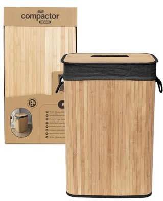 COMPACTOR - Panier à linge pliable en bambou avec couvercle - Tissu intérieur noir lavable - Poignées en corde - Format compact 40 x 30 x H60 cm - Design naturel et élégant
