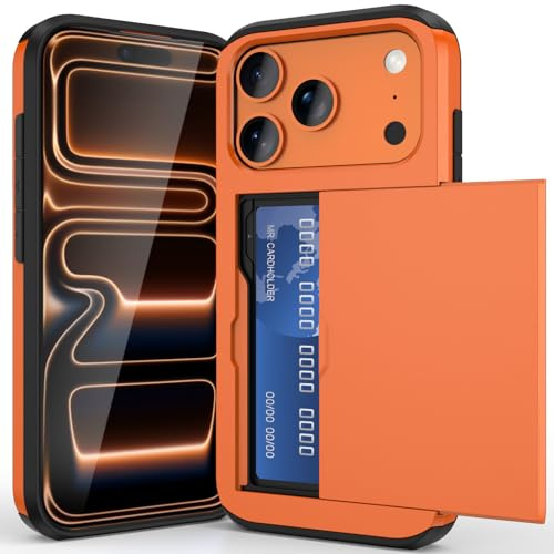 ACOCOBUY for iPhone 17 Pro Case with Card Holder Sliding Cover 6.3 Orange | Hidden Pocket IDs Credit Cards Slot Heavy Duty Shockproof Protective Dual Layer Wallet Phone Cover Back Shell for Men Women
