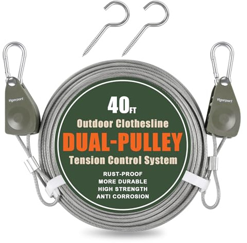Vigorport Outdoor Retractable Clothesline, Portable Travel Clothes Line, Heavy Duty Rope Pully System with Metal Carabiner & Nylon Coating Wire Ropes for Camping, RV, Backyard（40Ft）