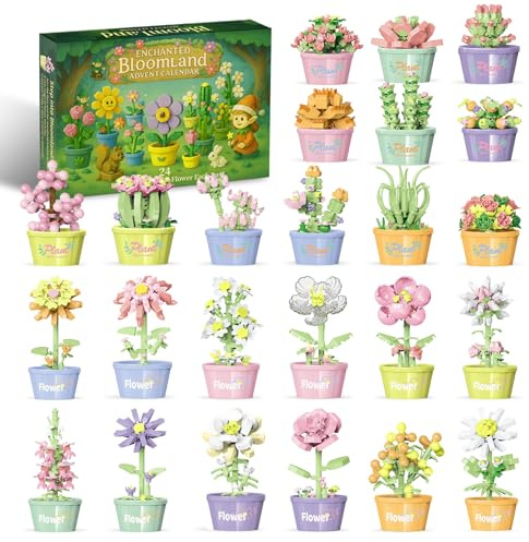 Advent Calendar 2025 Flower Building Blocks, 24 Days of Christmas Countdown Calendar with Botanical Collection for Home Decor, Xmas Gift Stocking Stuffer for Kids, Girls, Teens, Adults