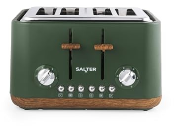 Salter Toronto 4-Slice Toaster – Wide Slots, 6 Browning Levels, Removable Crumb Tray, Defrost, Reheat, Cancel, Self-Centring Function, High-Lift Eject, 1630 W, Wood Effect, Green