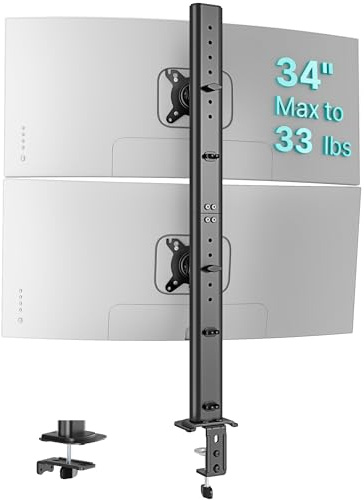 PEGZONE Stacked Dual Monitor Mount for 17-34 Inch Screens, Monitor Stand | 33.1 Extra Tall Pole, Full Motion Height Adjustable Arm, Holds up to 15kg (33lbs) Per Arm, 75/100 VESA, Clamp & Grommet