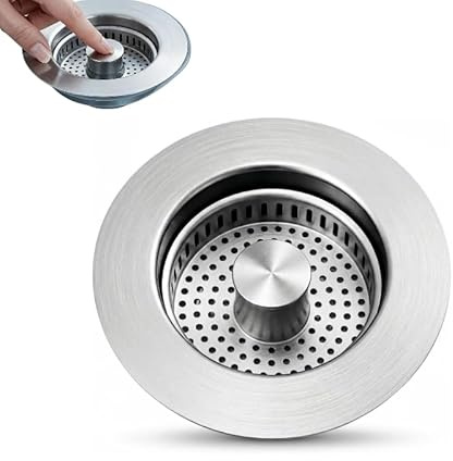 Satiskid Tapón para fregadero de cocina, colador de drenaje de fregadero de acero inoxidable 3 en 1 mejorado con núcleo de cobre, antiobstrucción, ahorro de agua y evita olores, profundidad de