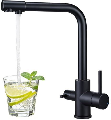 Hapilife 3 Way Kitchen Tap Black with Water Filter Separate Drinking Water | Rustproof Brass 2 Independent Water Outlets Universal 3 in 1 Sink Mixer Taps for Hard Water Space-saving Square 360° Swivel