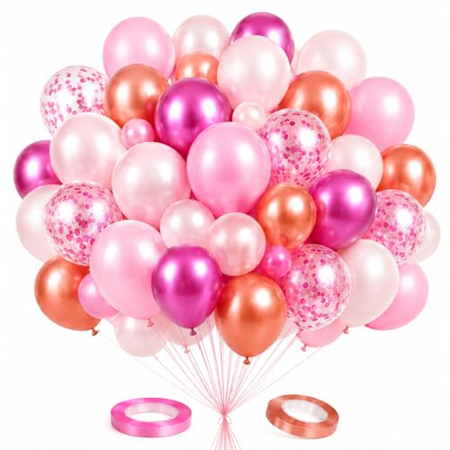 Luftballon-Set, 60 Stück, Rosa, Pink, Roségold, Fuchsia Metallic, Konfetti, 30 cm, mit Geschenkband, für Geburtstag und Party