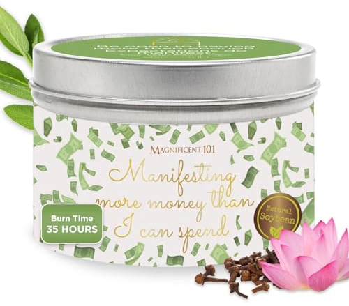 MAGNIFICENT 101 Manifest Money Candle - 6 Oz White Soy Wax Tin - 30-Hour Burn - Herbal & Clove Scented - Abundance & Intention Candle