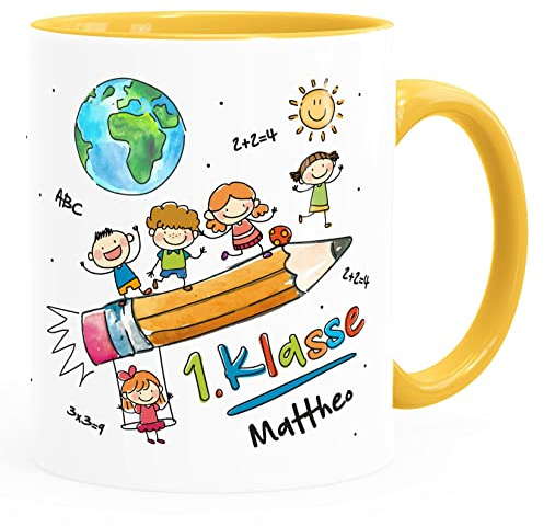 SpecialMe® Tasse Schulkind Geschenk Einschulung 1. Klasse personalisiert mit Namen Kindertasse aus Keramik für Jungen Mädchen weiss-innen-gelb standard
