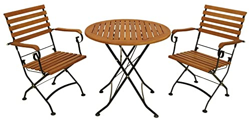 DEGAMO Garten Sitzgruppe Klappgarnitur HOFGARTEN 3-teilig (2X Armlehnensessel, 1x Tisch rund 75cm), Stahl schwarz pulverbeschichtet, Eukalyptus Holz braun geölt, FSC®-Zertifiziert, Outdoor
