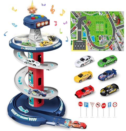 Veluoess Kids Garage Track Toy with Simulated Music and Light Effects,Tower Car Race Ramp Track Toy with 6 Mini Cars,Race Track Toy Car Parking Playset for 3+ Year Old Boys Girls Toddlers