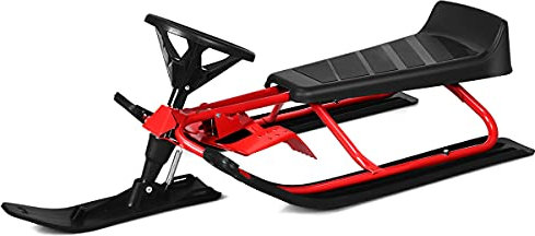 COSTWAY Lenkschlitten mit 2 Fußbremsen, Rennrodel mit Lenkrad & Zugseil, Schlitten Kinder Metall 75 kg Tragkraft, Skibob Kinderschlitten Rodel Schlitten für Kinder ab 4 Jahren (Rot)