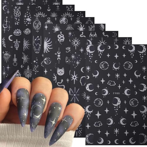 Kryzalite 8 Blatt metallische silberne Sterne Nagelaufkleber, 3D-Sonnenstern-Nagelaufkleber, holografische Sonnensterne, Mond, Sternenlicht, glitzernde Silber-Designs