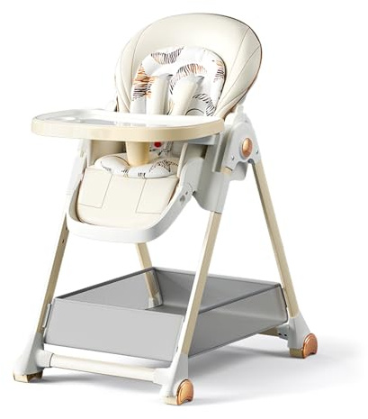 MoLi Baby High Chair Multifunctional Toddler Feeding Dining Chair with 3 Reclining Positions and 6 Adjustable Heights Convertible Foldable with Removable Double Trays and Wheels (808 White)