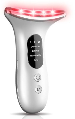 BENTFINE Masajeador Cara Cuello Antiarrugas, EMS Masajeador Facial Eléctrico, Calor Luz LED, EMS Lifting Masajeador de Belleza para Reafirmar la Piel para Rostro y Cuello (Rojo)