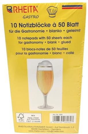 RHEITA Gastronomieblock mit 50 Blatt, 70g/m² Papier, blanko, kopfgeleimt, 7,5 x 14 cm, 10 Stück geschrumpft, FSC-zertifiziert