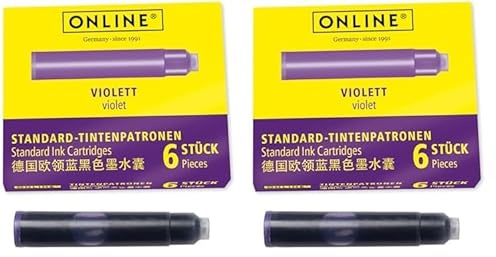 ONLINE Standard-Tintenpatronen, universelle Füller-Tinte, kompatibel mit allen gängigen Standard-Füllern, Ersatz-Patronen für Füllhalter und Rollerball, 6 Stück, Farbe lila (Packung mit 2)