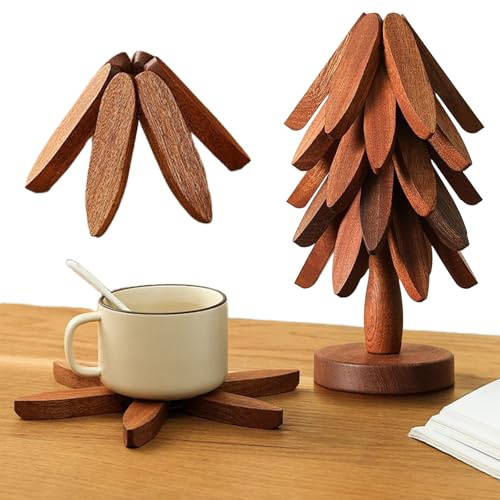 Wooden Tree Trivet Set, Tree Shape Trivets for Hot Dishes, Wood Coasters for Christmas Kitchen Decor, Foldable Kitchen Wooden Trivets for Hot Pots and Pans