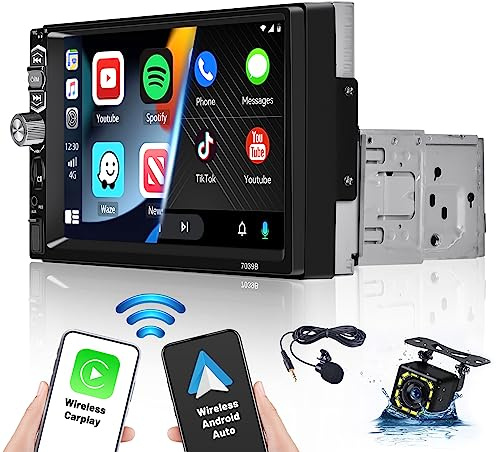 Hikity 1 Din bilradio med trådlös skärm CarPlay Android Auto, 7 tum HD pekskärm stereo bil Bluetooth 1 Din med spegellänk FM-radio USB TF AUX SWC+retrocamera+mikrofon