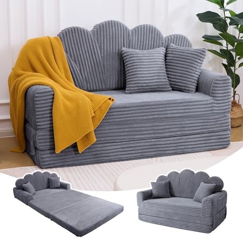 IRONCK Convertible Sofa Bed 2 Seater, Folding Floor Boneless Couch, Corduroy Fold Out Sleeper Mattress with Pillows, 153x267cm, Futon Compressed Lounger Loveseat for Living Room, Bedroom (Gray)
