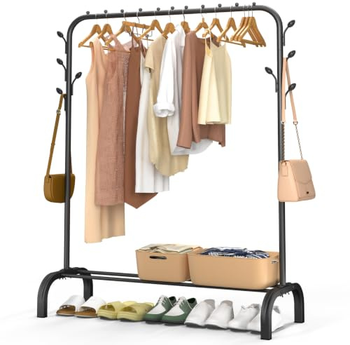 VOUNOT® Burro Ropa Resistente, Perchero Burro Metálico con Soporte para Zapatos, Organizador de Ropa con Zapatero y Ganchos Laterales, Colgador para Dormitorio y Vestidor, 110x41x147 cm, Negro