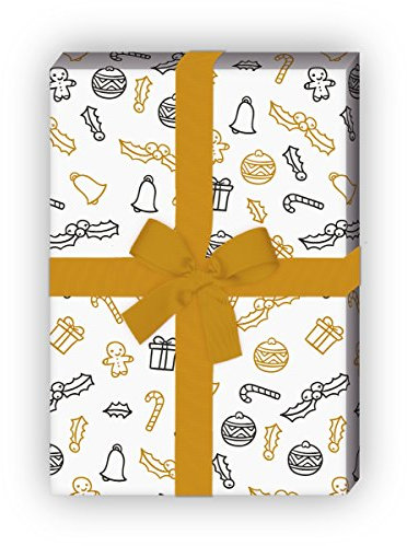 Kartenkaufrausch Designer Weihnachtspapier, Geschenkpapier Set zu Weihnachten mit kleinen Weihnachts Ornamenten, weiß, für tolle Geschenk Verpackung, Designpapier, 4 Bogen, 32 x 48cm