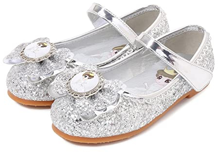 New front Niña Zapatos de Vestir Antideslizante Cerrado Plana Zapatos para Disfraz Navidad Carnaval Zapatos de Princesa Elsaeai Cenicienta Cumpleaños Regalo Mary Jane,Plateado,33