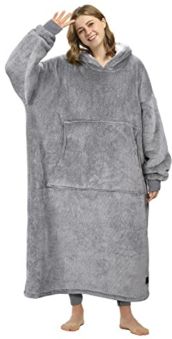 Oversized Hoodie Blanket, Warm Gifts for Women Men, Fluffy Sherpa Wearable Hooded Sweatshirt Blanket, Giant Hoodies Sweater with Front Pocket for Adults Friends, Ash Grey
