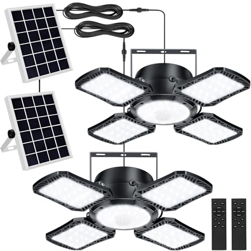 Aqonsie Solar Shed Light Outdoor Indoor, 176LED Solar Powered Motion Sensor Pendant Light Daytime Available, Solar Indoor Lights with 5 Lighting Modes & Remote for Shed Gazebo Barn Garage, 2 Pack