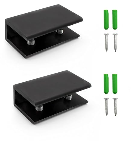 TIANLIN 2er Set Verstellbare Glashalter Schwarz, Glasklemme für 10-12 mm | Schwarze Glashalter aus Aluminium für 10–12 mm Glasplatten. Für Regale in Wohnzimmer, Bad, Küche und Büro