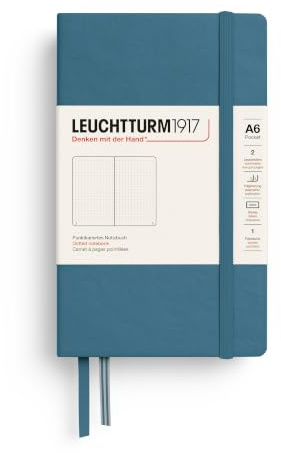 LEUCHTTURM1917 365630 Notizbuch Pocket (A6), Hardcover, 187 nummerierte Seiten, Stone Blue, Dotted | 187 nummerierte Seiten, Fadenheftung, Falttasche, 2 Lesebändchen, Bullet Journal