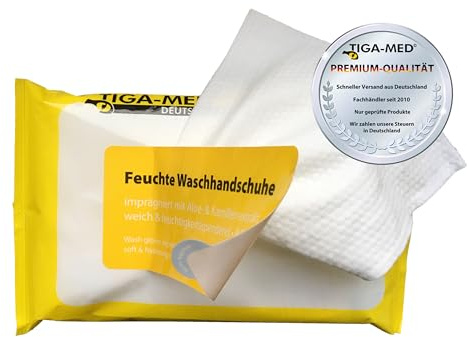 TIGA-MED Feuchte Waschhandschuhe – 10×8 Stück (80) – mit Aloe Vera & Kamillenextrakt vorimprägniert – Einmal-Waschhandschuh für Pflege, Alltag & unterwegs