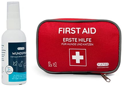 FLEXEO Erste-Hilfe-Haustierset bestehend aus Erste-Hilfe-Set für Hunde und Katzen und Wundspray für Tiere in 75 ml Sprühflasche, geeignet für alle Tierarten (Erste-Hilfe-Haustierset)