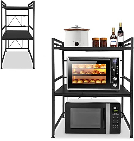 Aufun Erweiterbares Mikrowellen Regal 3-stufiges Mikrowellenständer mit 3 Haken zum Aufhängen, Stauraum für Küchentheke, Organizer, Druckerständer (Schwarz), 60x32x80cm