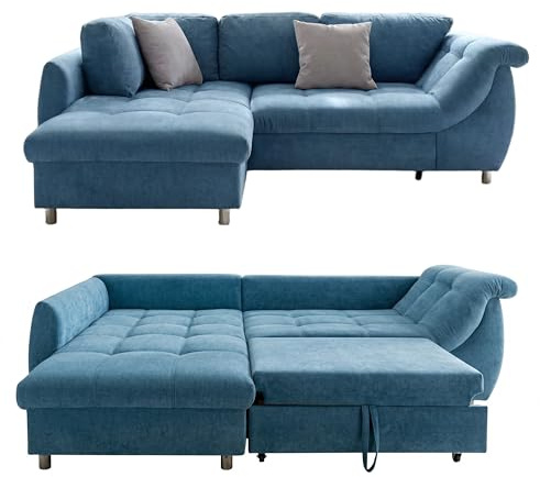 Modernes Ecksofa mit Schlaffunktion und Bettkasten B250/T190/H84 cm, Wellenunterfederung mit Komfortschaum, L-Couch, Longchair Ottomane links, Bezug Mikrofaser Blau, 2 Zierkissen Grau / 17102