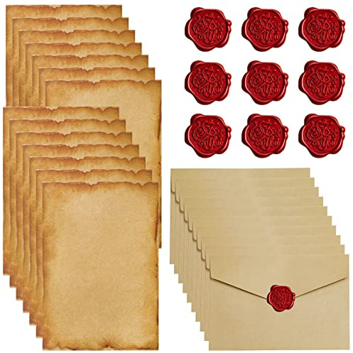 Carta e buste vintage per scrivere e disegni: 10 buste, 16 carta decorata, adesivi sigilli di cera