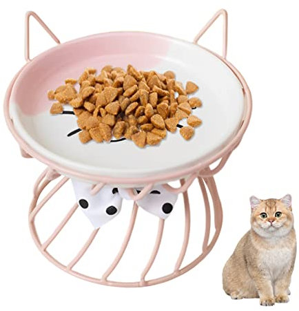 Katzennapf Erhöht Futternapf Katze Keramik, Katzennäpfe Mit Rutschfestem Metallständer, Katzenschüssel Anti Erbrechen, Flache Und Breite Katzenfutter Napf, Leichte Reinigung Katzen Napfset (Rosa)