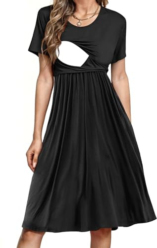 PARNIXS - Vestido de maternidad para mujer de manga corta de verano con parches y bolsillos, Negro, M