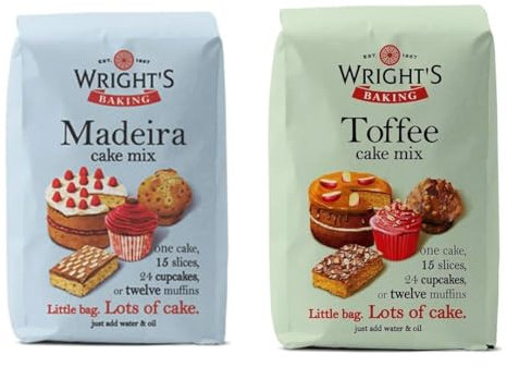 Wright's Baking Cake Mix Selection Pack Madeira And Toffee (One of Each 500g Pack) | can be used to bake light & moist cakes, slices, muffins or cupcakes