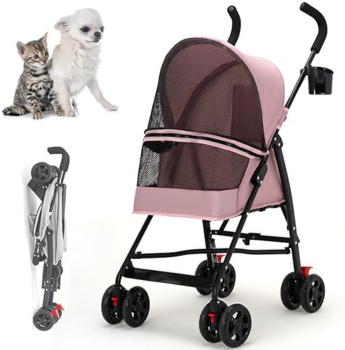 RUYICZB Klappbarer Hundewagen, Hundebuggy Bis 10Kg, Katzenbuggy Kinderwagen Hundebuggy Haustier Transportwagen, 360° Vorderrad, Hinterrad Mit Bremse, Atmungsaktives Netz,Rosa