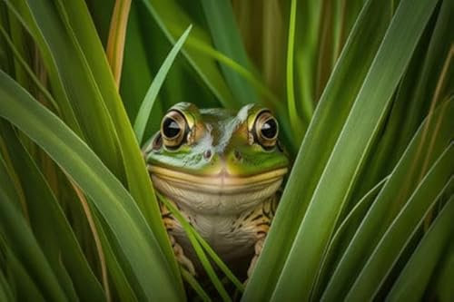 adrium Acryl-Bild 80 x 50 cm: Gefiederter grüner Frosch im Gras, der aus Blättern hervorschaut, erstellt mit generativer KI (200209898)