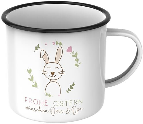 Oster Tasse personalisiert mit Namen und einem süßen Osterhasen, Frohe Ostern Wunschname, Ostergeschenk für Kinder Männer Frauen Geschenkidee zu Ostern (Emaille Becher - Frohe Ostern - Schwarzer Rand)